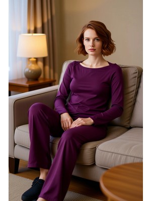PayBuy Kadın Mürdüm Viskon Süprem Kayık Yaka Uzun Kollu Pijama Takımı Fonksiyonel Dayanıklı Rahat