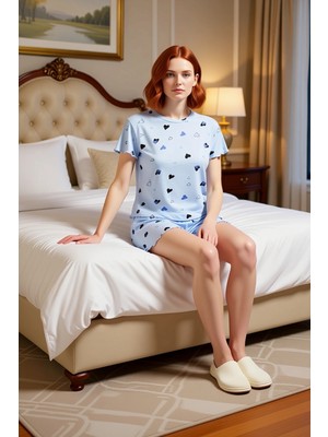Ersefa Kadın Kalpli Baskılı Bisiklet Yaka Şortlu Pijama Takımı Fonksiyonel Dayanıklı Kaliteli Şık