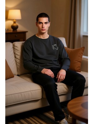 PayBuy Erkek Bisiklet Yaka Uzun Kollu Pijama Takımı Fonksiyonel Dayanıklı Kaliteli Konforlu Rahat