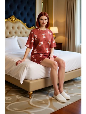 Ersefa Kadin Ayici Desenli Kisa Kollu Pijama Takımı Bisiklet Yaka Fonksiyonel Dayanıklı Kaliteli Şık