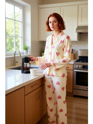 FRM Kadın Kalp Desenli Viskon Dokuma Pijama Takımı Fonksiyonel Dayanıklı Kaliteli Konforlu Şık