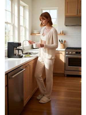 FRM Kadın Çizgili V Yaka Hırka ve Pantolon Pijama Takımı Fonksiyonel Dayanıklı Kaliteli Modern