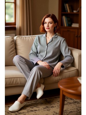 PayBuy Kadın Çizgili Gömlek Yaka Örme Pijama Takımı Fonksiyonel Dayanıklı Kaliteli Konforlu Rahat