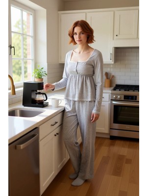 FRM Kadın Melanj Pijama Takımı Dantel Detaylı Uzun Kollu Fonksiyonel Dayanıklı Kaliteli Modern