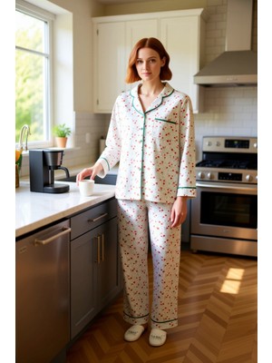 FRM Kadın Çiçekli Gömlek Yaka Uzun Kollu Pijama Takımı Fonksiyonel Dayanıklı Kaliteli Konforlu