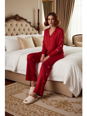 Ersefa Kadın Nakışlı Gömlek Pantolon Pijama Takımı Fonksiyonel Dayanıklı Kaliteli Konforlu Modern