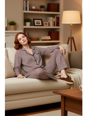 PayBuy Kadın Çizgili Gömlek Yaka Pijama Takımı Fonksiyonel Dayanıklı Kaliteli Konforlu Estetik Şık