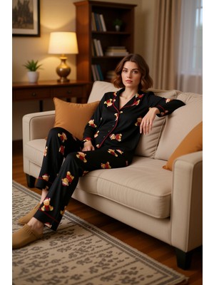 PayBuy Kadın Ayıcıklı Pijama Takımı Gömlek Yaka Uzun Kollu Fonksiyonel Dayanıklı Kaliteli Estetik