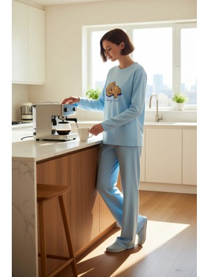 FRM Kadın Pamuklu Ayıcık Baskılı Pijama Seti Fonksiyonel Dayanıklı Kaliteli Konforlu Estetik Şık