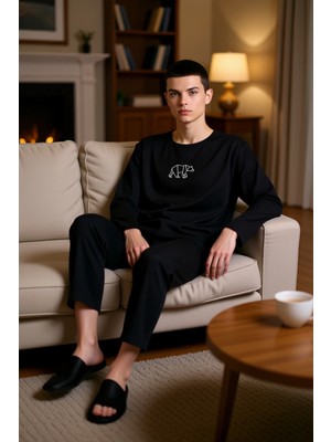 PayBuy Erkek Nakışlı Bisiklet Yaka Uzun Kollu Pijama Takımı Fonksiyonel Dayanıklı Kaliteli Modern