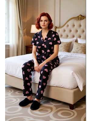 Ersefa Kadın Kalp Baskılı Pijama Takımı Gömlek Pantolon Fonksiyonel Dayanıklı Kaliteli Konforlu Şık