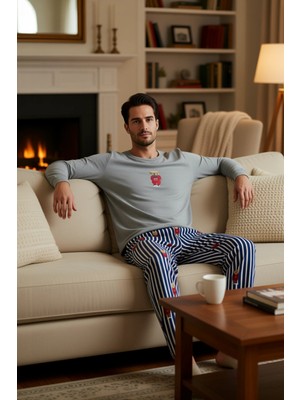 PayBuy Erkek Ayıcıklı Bisiklet Yaka Uzun Kollu Pijama Takımı Fonksiyonel Dayanıklı Kaliteli Rahat