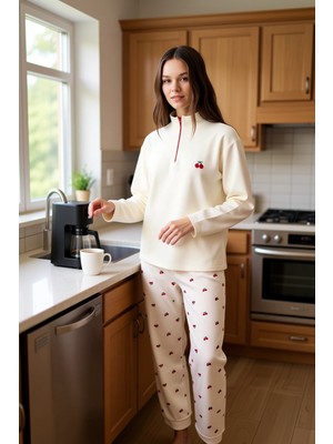 FRM Kadın Kiraz Desenli Waffle Fermuarlı Pijama Takımı Fonksiyonel Dayanıklı Kaliteli Konforlu