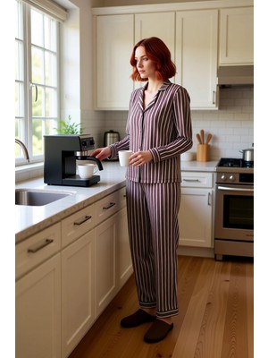 FRM Kadın Çizgili Pijama Takımı Gömlek ve Pantolon Fonksiyonel Dayanıklı Kaliteli Konforlu Şık