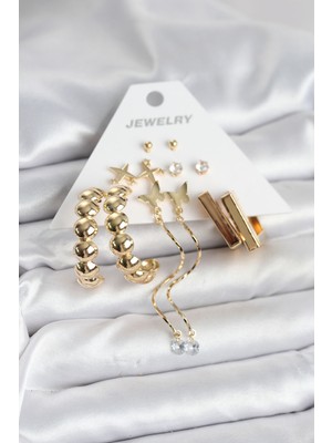 Nuvigo Gold Renk Pirinç 6 Çift Kadın Küpe Seti - TJ-BKP11328