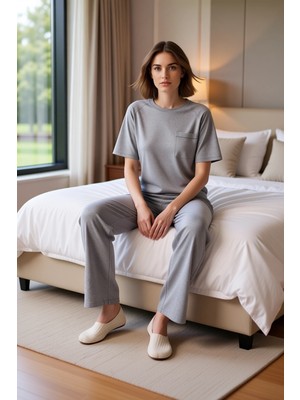 Ersefa Kadın Bisiklet Yaka Kalp Nakışlı Pijama Takımı Fonksiyonel Dayanıklı Kaliteli Konforlu Şık
