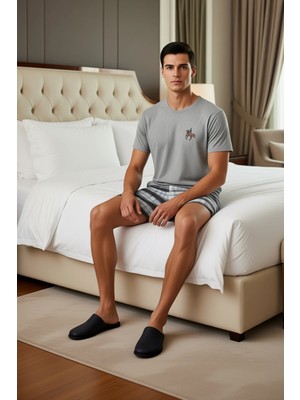 Ersefa Erkek Nakış Detaylı Ekose Şortlu Pijama Takımı Fonksiyonel Dayanıklı Kaliteli Konforlu Şık