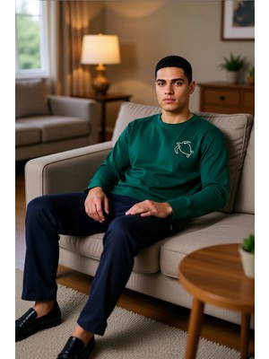 PayBuy Erkek Bisiklet Yaka Uzun Kollu Pijama Takımı Fonksiyonel Dayanıklı Kaliteli Konforlu Rahat