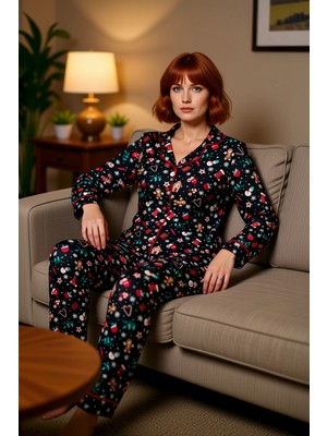 PayBuy Kadin Kirmizi Yılbaşı Temali Gömlek Yaka Pijama Takımı Fonksiyonel Dayanıklı Kaliteli Spor