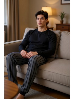 PayBuy Erkek Bisiklet Yaka Çizgili Pijama Takımı Fonksiyonel Dayanıklı Kaliteli Konforlu Estetik Şık