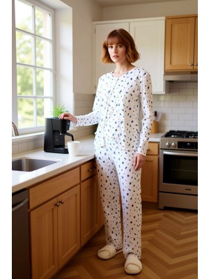 FRM Kadın Çiçek Desenli Fitilli Örme Pijama Takımı Hırka Dahil Fonksiyonel Dayanıklı Kaliteli Şık