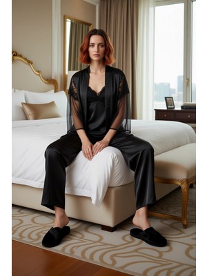 Ersefa Kadın Saten Boru Paça Pijama Takımı Şeffaf Kimono Detaylı Fonksiyonel Dayanıklı Kaliteli Şık