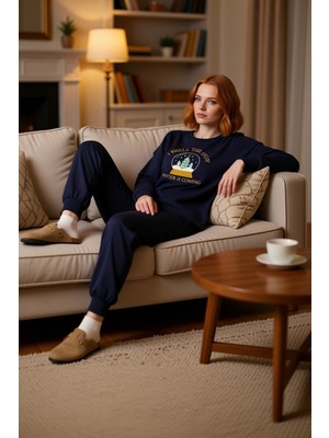 PayBuy Kadın Kar Küresi Nakışlı Bisiklet Yaka Örme Pijama Takımı Fonksiyonel Dayanıklı Kaliteli Şık