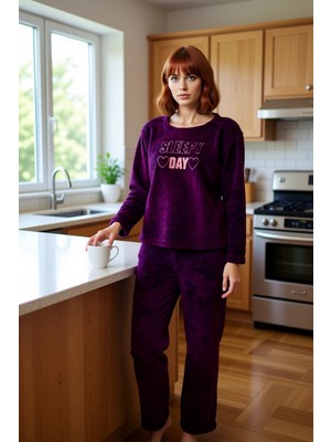 FRM Kadın Mürdüm Kalpli Sloganlı Wellsoft Pijama Fonksiyonel Dayanıklı Kaliteli Konforlu Rahat
