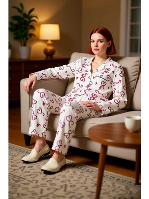 PayBuy Kadın Kalpli Yılbaşı Desenli Gömlek Yaka Pijama Takımı Fonksiyonel Dayanıklı Kaliteli Spor
