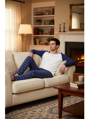 PayBuy Erkek Bisiklet Yaka Kareli Pijama Takımı Uzun Kollu Fonksiyonel Dayanıklı Kaliteli Estetik