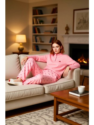 PayBuy Kadın Kiraz Desenli Waffle Pijama Takımı Fermuarlı Dik Yaka Fonksiyonel Dayanıklı Kaliteli