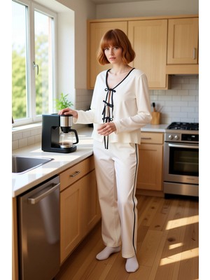 FRM Kadın Bağlamalı Uzun Kollu Pijama Takımı Fonksiyonel Dayanıklı Kaliteli Konforlu Estetik Şık