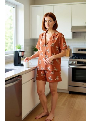 FRM Kadın Ayıcıklı Viskoz Pijama Gömlek ve Şort Takımı Fonksiyonel Dayanıklı Kaliteli Konforlu