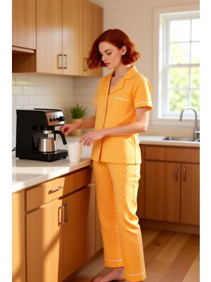 FRM Kadın Şeftali Puantiyeli Gömlek Yaka Pijama Takımı Fonksiyonel Dayanıklı Kaliteli Konforlu