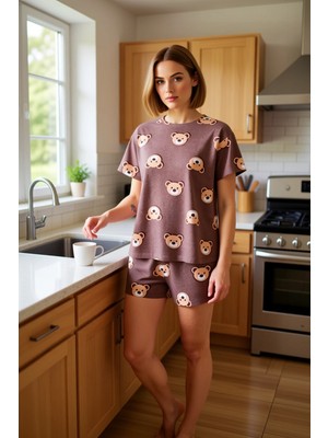 FRM Kadın Ayıcık Baskılı Pamuklu Pijama Takımı Yazlık Giyim Fonksiyonel Dayanıklı Kaliteli Şık