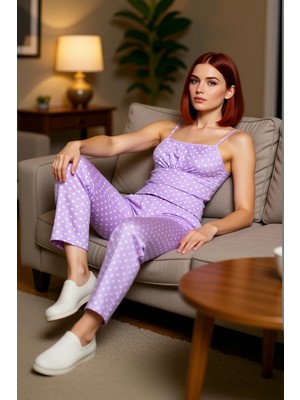 PayBuy Lila Puantiyeli Ince Askılı Kare Yaka Pijama Takımı Kadın Fonksiyonel Dayanıklı Kaliteli Şık
