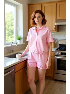 FRM Kadın Brode Detaylı Gömlek ve Şort Pijama Takımı Fonksiyonel Dayanıklı Kaliteli Konforlu Şık