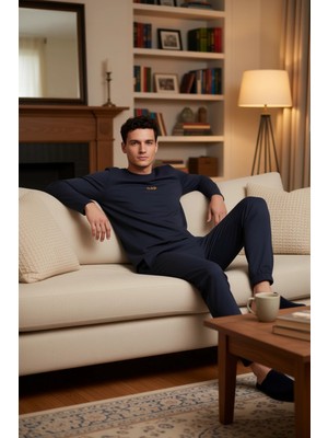 PayBuy Erkek Bisiklet Yaka Baskılı Uzun Kollu Pijama Takımı Fonksiyonel Dayanıklı Kaliteli Modern