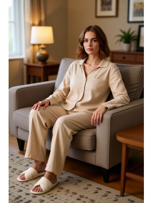 PayBuy Kadın Gömlek Yaka Crinkle Dokulu Pijama Takımı Fonksiyonel Dayanıklı Kaliteli Konforlu Şık