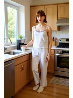 FRM Kadın Çizgili Dantelli V Yaka Kolsuz Pijama Takımı Fonksiyonel Dayanıklı Kaliteli Konforlu