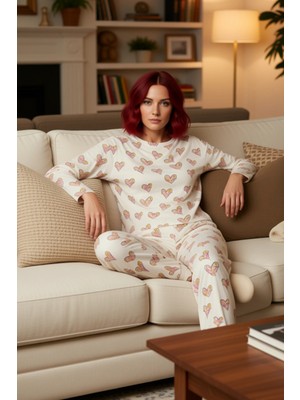 PayBuy Kadın Kalpli Bisiklet Yaka Uzun Kollu Pijama Takımı Fonksiyonel Dayanıklı Kaliteli Estetik