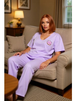PayBuy Kadın Lila Baskılı Cep Detaylı V Yaka Kısa Kollu Pijama Takımı Fonksiyonel Dayanıklı Rahat