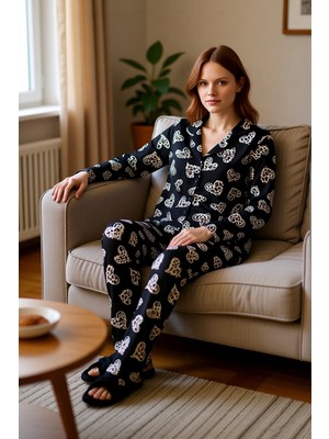 PayBuy Kadın Açık Kalp Desenli Gömlek Yaka Pijama Takımı Fonksiyonel Dayanıklı Kaliteli Konforlu Şık