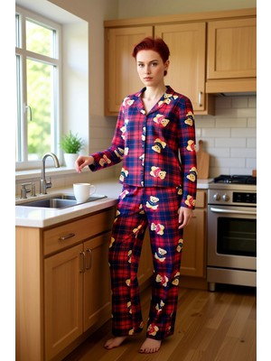 FRM Kadin Ayicik Desenli Ekose Pijama Takımı Gömlek Yaka Fonksiyonel Dayanıklı Kaliteli Modern