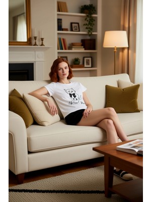 PayBuy Kadın Kedi Baskılı Bisiklet Yaka Kısa Kollu Pijama Takımı Fonksiyonel Dayanıklı Kaliteli Şık