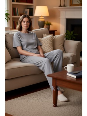 PayBuy Kadın Melanj Kalp Nakışlı Pijama Takımı Fonksiyonel Dayanıklı Kaliteli Konforlu Estetik Şık