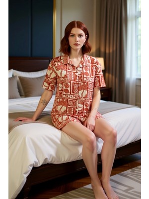 Ersefa Kadın Etnik Desenli Viskon Pijama Takımı Gömlek ve Şort Fonksiyonel Dayanıklı Kaliteli Şık