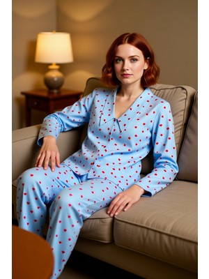 PayBuy Kadın Kalp Desenli Gömlek Yaka Pijama Takımı Fonksiyonel Dayanıklı Kaliteli Konforlu Rahat
