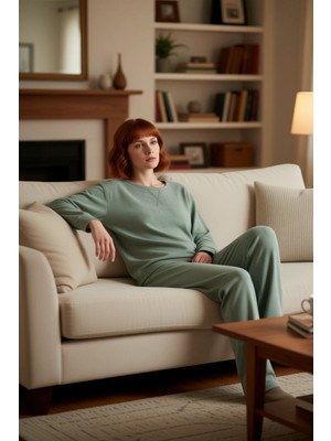 PayBuy Kadın Yumuşak Tuşe Örme Pijama Takımı Bisiklet Yaka Uzun Kollu Fonksiyonel Dayanıklı Rahat