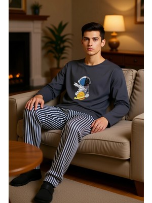 PayBuy Uzun Kollu Astronot Baskılı Pijama Takımı Kadın Fonksiyonel Dayanıklı Kaliteli Konforlu Şık